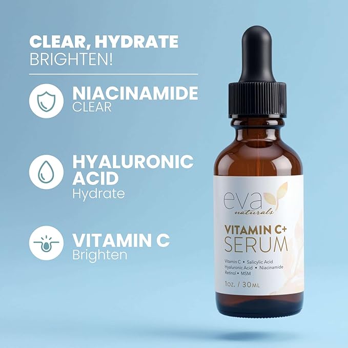 Eva Naturals Vitamin C Serum for Face – Anti Aging Dark Spot Remover & Corrector with Retinol, Hyaluronic Acid, Niacinamide & Salicylic Acid – Brightening, 1 fl oz