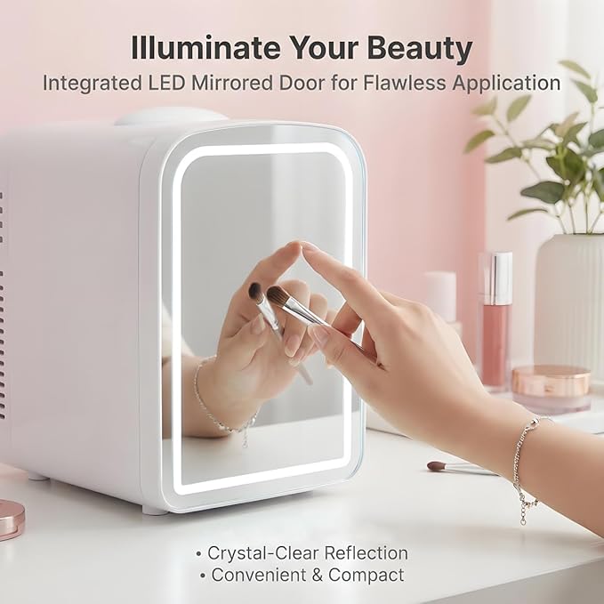 Lispin 4L Mini Skincare Fridge with Dimmable LED Mirror, Portable Beauty Refrigerator for Makeup, Cosmetic, Personal Small Refrigerator with Cooler and Warmer for Bedroom, Office and Car