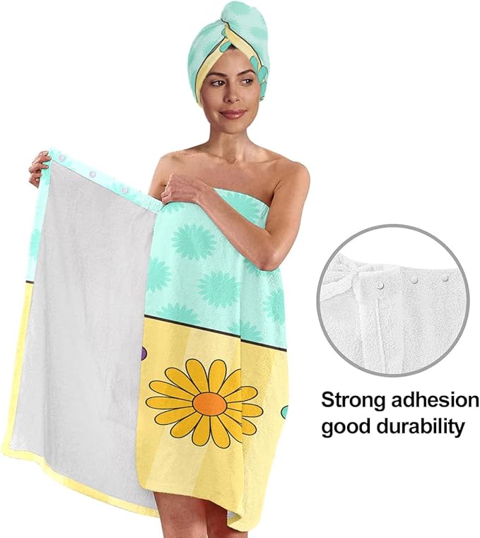 Women’s Spa Wrap Towel and Hair Drying Cap Set – Floral Quick-Dry Bath Wrap Skirt with Elastic Fit – Soft Shower Towel Dress for Women & Girls – Ideal for Spa, Travel, Dorm, (Floral)