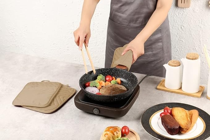 VEIKERY Oven Pot Holder with Pocket Cotton Heat Resistant Coaster Potholder Kitchen Hot Pad Oven Mitts for Cooking Square 7"x9"Set of 5 (Khaki)