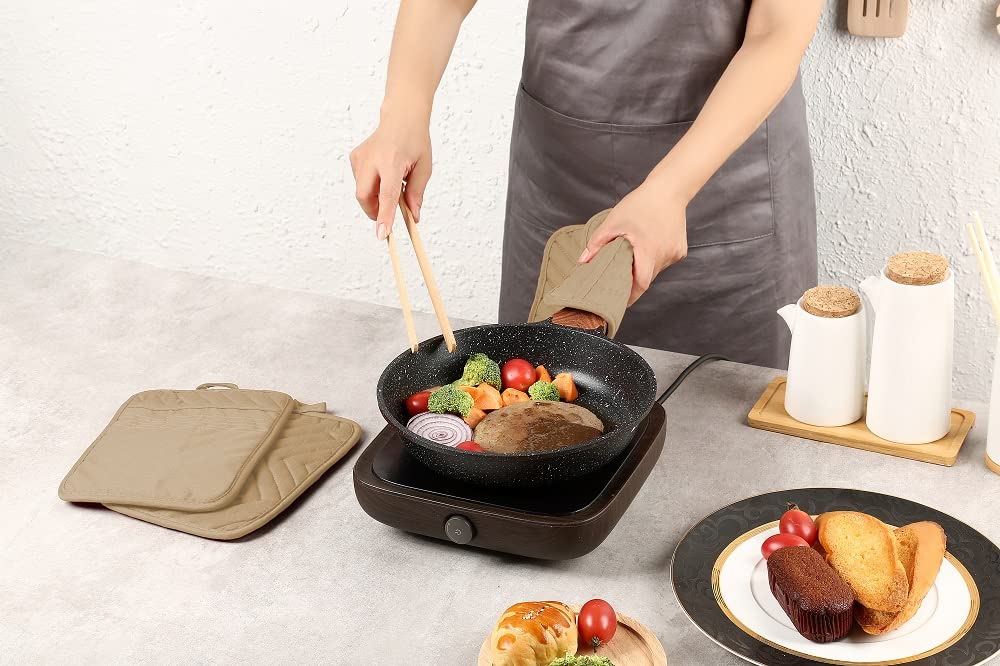 VEIKERY Oven Pot Holder with Pocket Cotton Heat Resistant Coaster Potholder Kitchen Hot Pad Oven Mitts for Cooking Square 7"x9"Set of 5 (Khaki)
