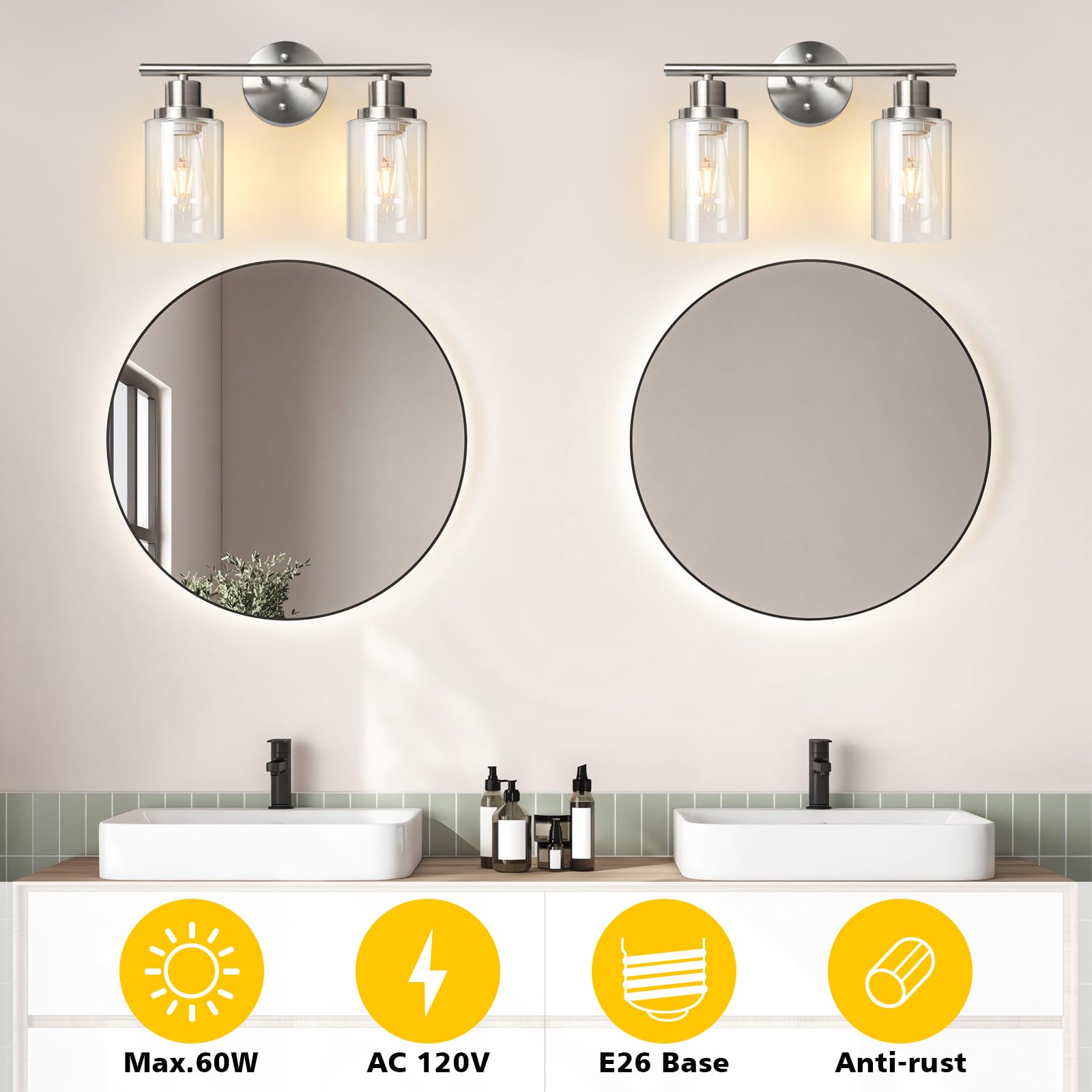 Unicozin 2 Light Vanity Lights, Brushed Nickel Wall Sconce Light with Clear Glass, Bathroom Light Fixtures, Wall Lights for Mirror, Living Room, Bedroom, Hallway, E26 Base (Bulbs Not Included)