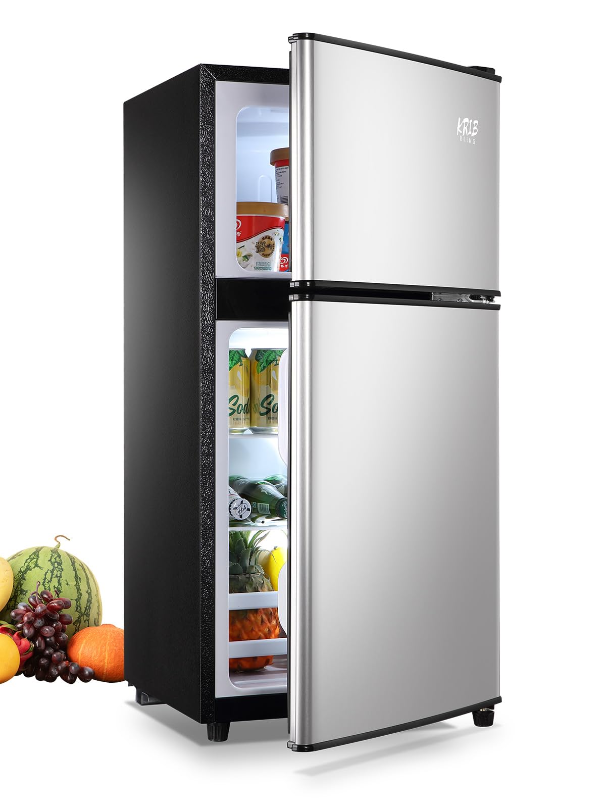 KRIB BLING Mini Fridge With Freezer,3.5 Cu. Ft Compact Refrigerator With 2 Doors,7- Level Adjustable Thermostat, Removable Glass Shelves For Bedroom, Office, Kitchen, Apartment, Dorm, Silver