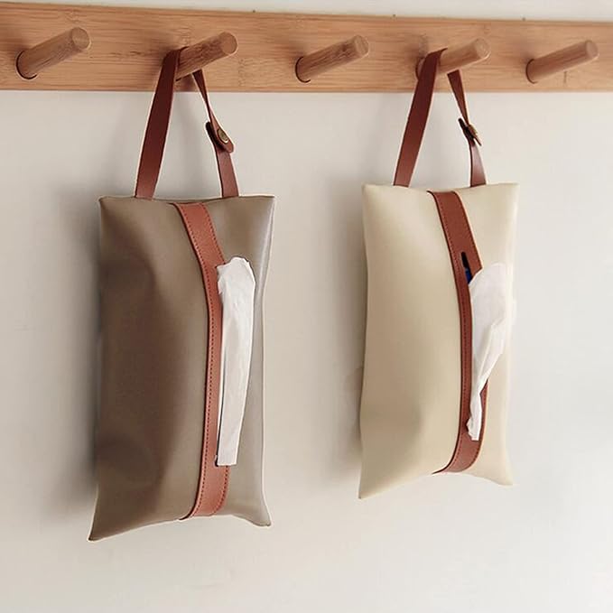 Spotact PU Leather Tissue Box Cover with Hanging Strap (Beige)