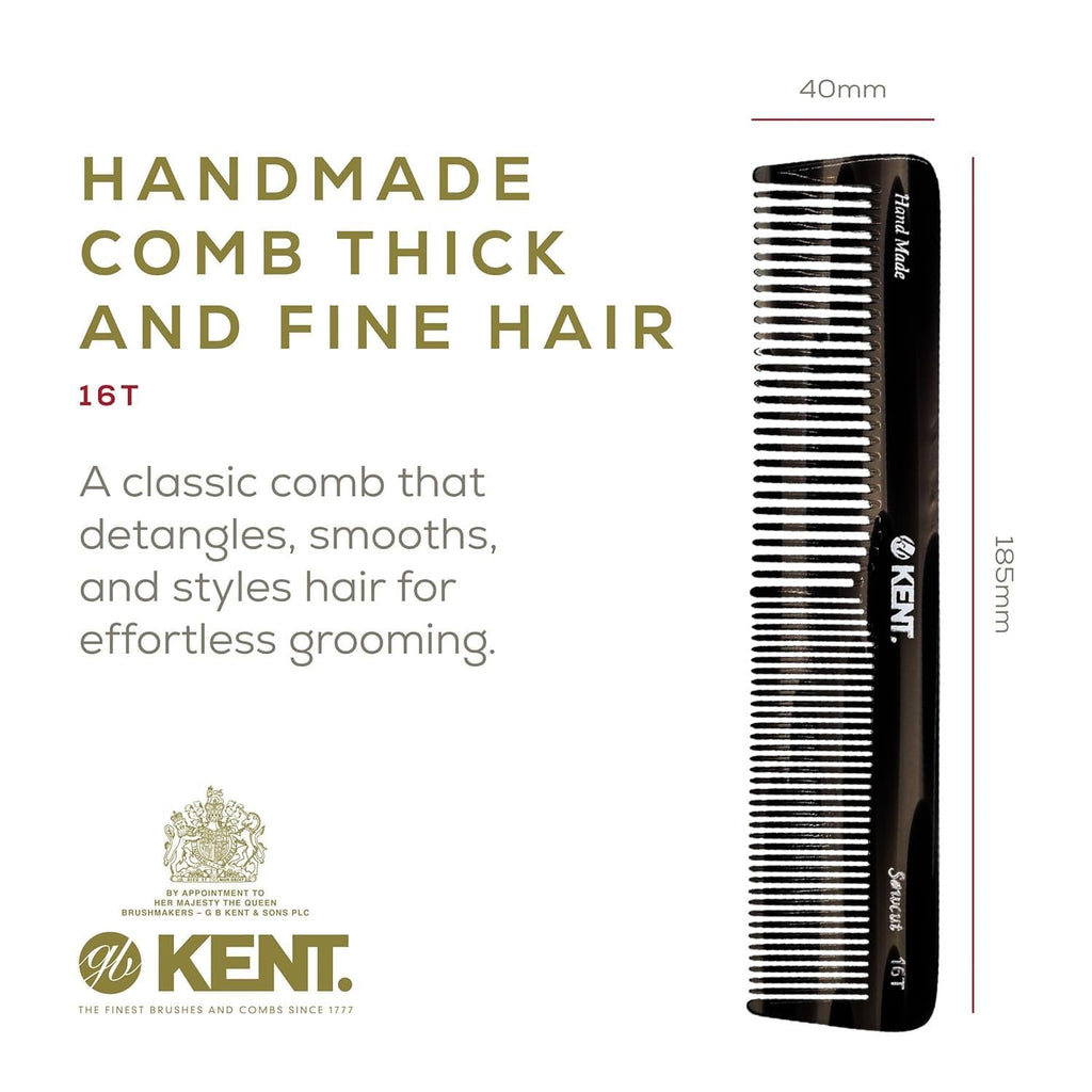 Kent 16T-16TG Fine Tooth and Wide Tooth Comb for Daily Grooming, Handmade Styling Comb for All Hair Types, Styling and Detangling Combs for Men and Women
