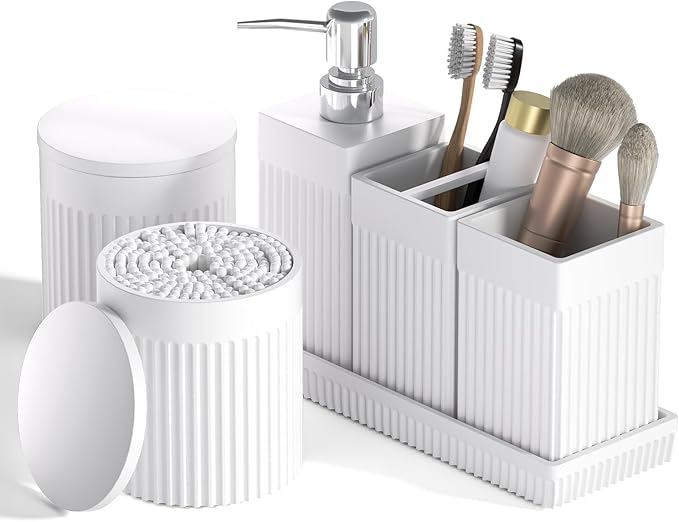 InnJoey 6-Piece Bathroom Set Grey - Stone Textured Resin Bathroom Organizer with Soap Dispenser, Toothbrush Holder, Vanity Tray, Tumbler & Cotton Swab Jars for Small Spaces