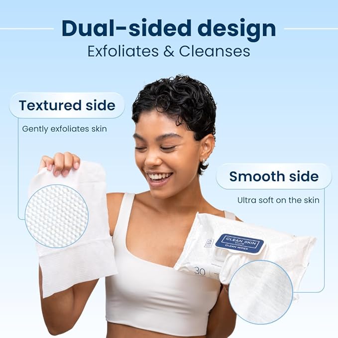 Clean Skin Club Clean Wipes, XL Makeup Remover Face Wipes, Textured Cleansing Facial Wipes for Sensitive Skin, Hypoallergenic, Fragrance-Free, Vegan, 40% Bigger, 30 Count
