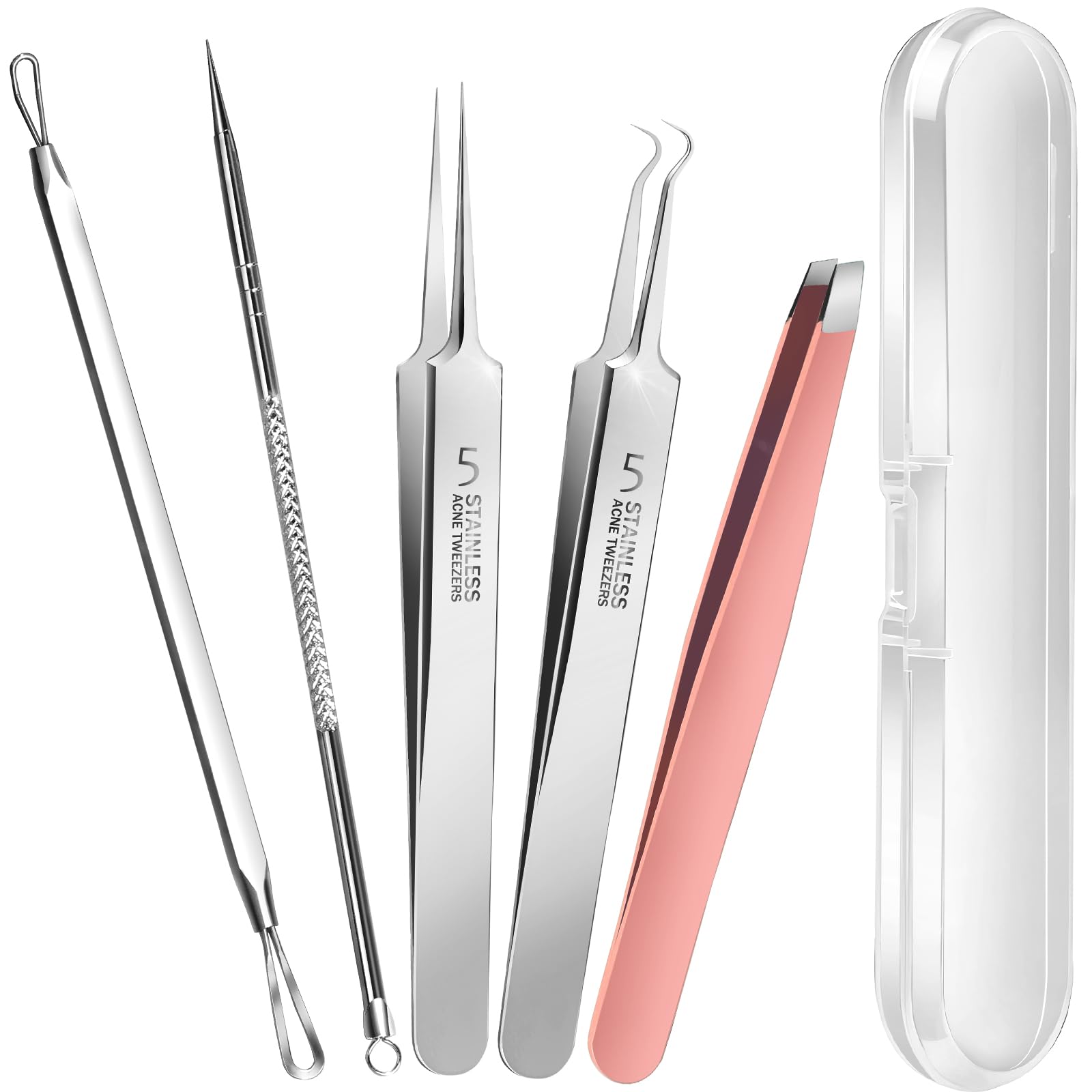 Teenitor Blackhead Remover and Pimple Popper Tool Kit, 2 Blackhead Extractor, 1 Ingrown Hair Tweezers, 2 Pimple Extractor Pore Extractor Blackhead Remover Tool Acne Tools