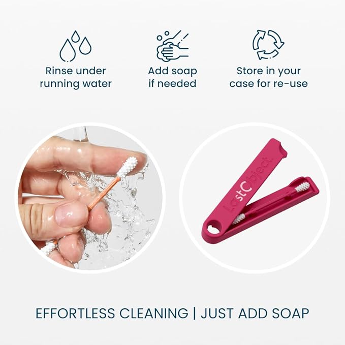 LastSwab™ Reusable Silicone Cotton Swabs for Ear Cleaning - Washable Q Tip & Ear Wax Remover Alternative to Single-Use - Zero Waste, Easy to Clean, Travel Case - Red