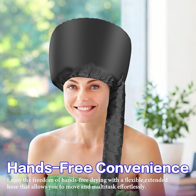 Hooded Hair Dryer Bonnet - Fast Drying for Natural Hair, Deep Conditioning & Curls - Adjustable, Even Heat, Portable Travel (Black)