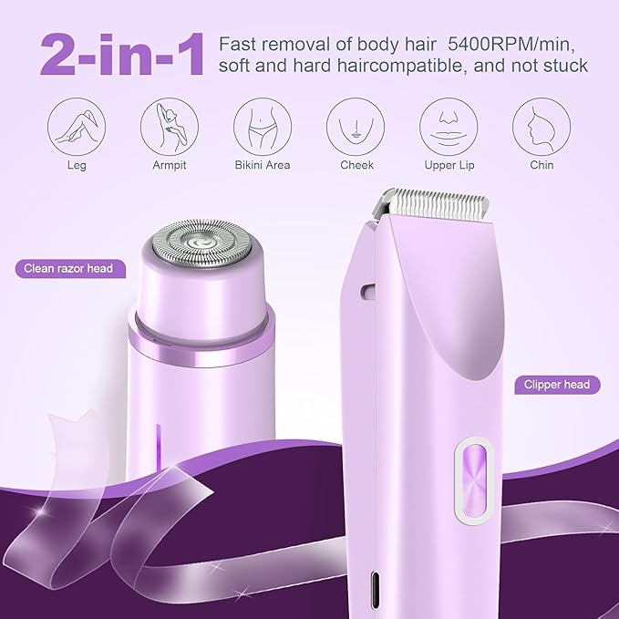 Bikini Trimmer for Women Dual Head,Painless Electric Razors,Bikini Shaver for Pubic Hair, Face, Legs(Lavender Purple)