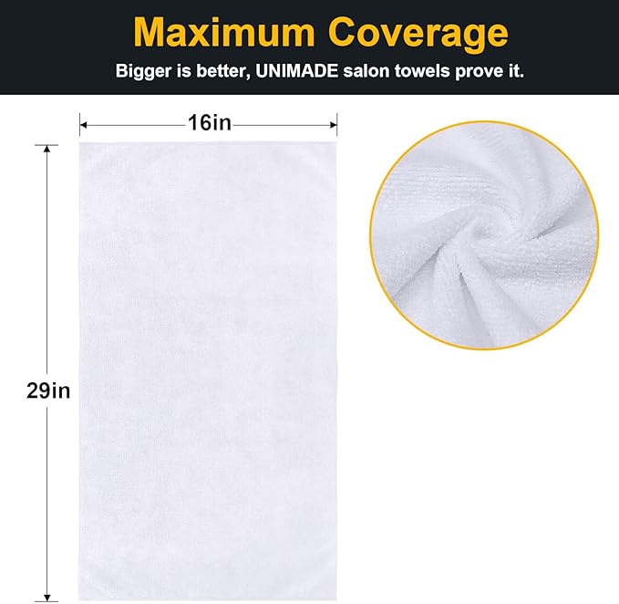 UNIMADE Salon Towels 48 Pack, Super Soft Microfiber Hand Towel, Highly Absorbent Hair-Drying Cloth for Gym, Bath, Spa Use and Home Beauty Care - White (16x29 inch)