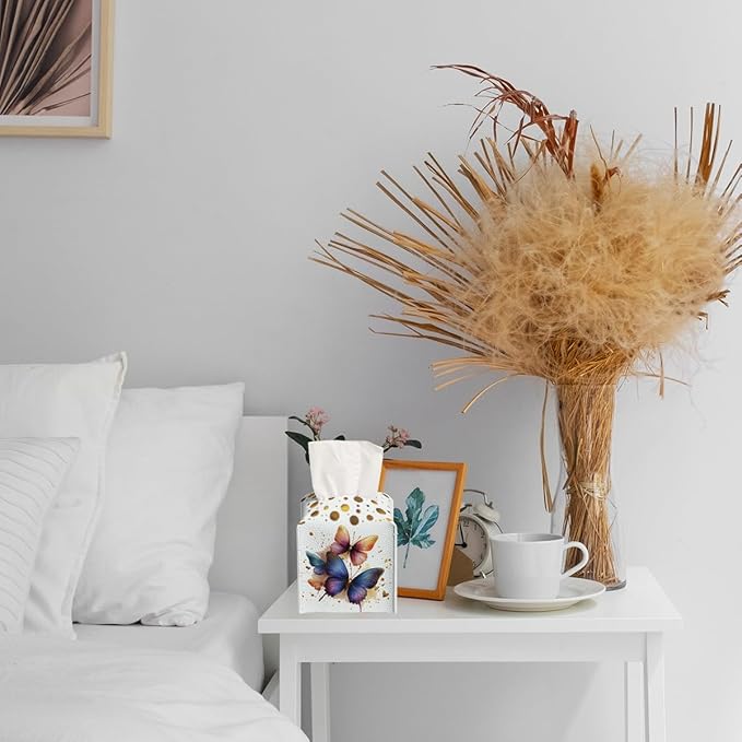 Butterfly Tissue Box Cover Metallic Gold Accents Blue Orange Art Leather Tissue Box Holder Square Facial Paper Organizer Dispenser for Bathroom Kitchen Bedroom Vanity Countertop Night Stands