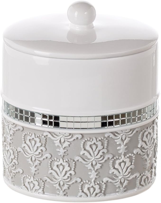 Creative Scents Mirror Damask Gray & White Cotton Swab/Qtip Holder with Lid