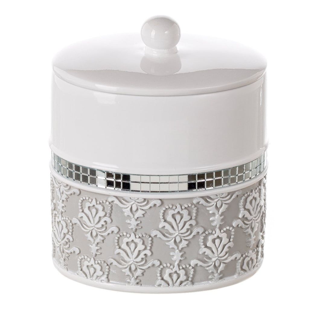 Creative Scents Mirror Damask Gray & White Cotton Swab/Qtip Holder with Lid