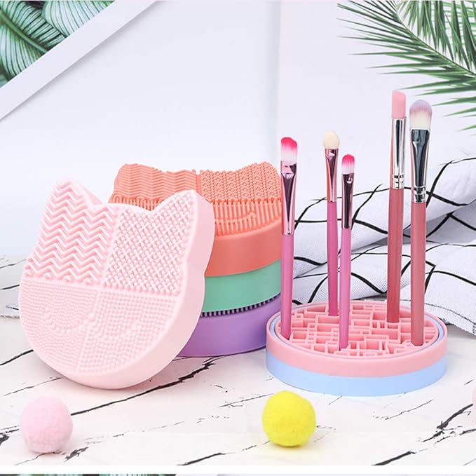 Silicon Makeup Brush Cleaner Mat with Drying Holder - Portable Cat Shaped Cosmetic Brush Cleaner Pad - New Orange