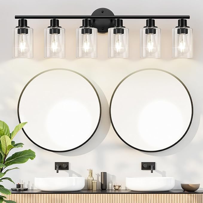 Zarbitta 6-Light Bathroom Light Fixtures, Black Modern Vanity Lights with Clear Glass Shade, Bathroom Wall Lamp for Mirror Kitchen Living Room Hallway Cabinet