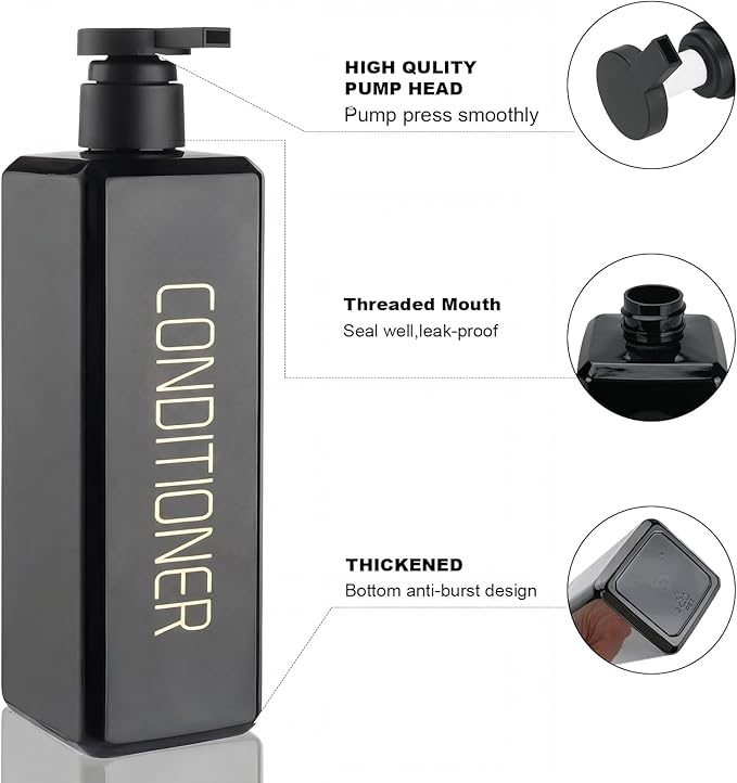 Shampoo and Conditioner Dispenser Shower Soap Bottles 3 Pack 550ml/18.6oz Refillable Shampoo Pump Bottle Dispenser Plastic Empty Body Wash Dispensers with Stylish Permanent Labels for Bathroom (Black)