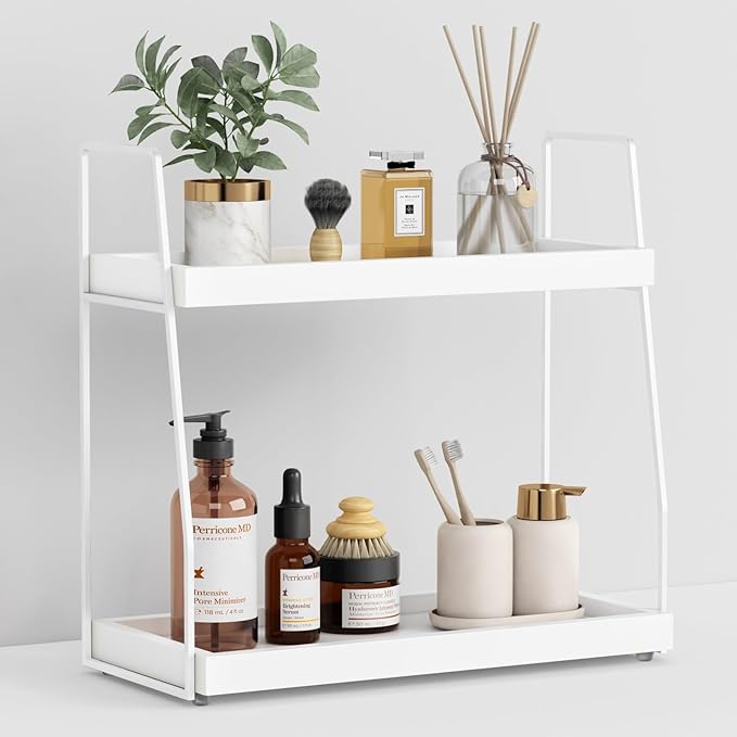 Forbena Black Bathroom Counter Organizer, Tiered Bathroom Organizer Countertop Tray, Corner Makeup Vanity Shelf Organizers and Storage for Men Perfume Skin Care Kitchen Sink Coffee Bar Station