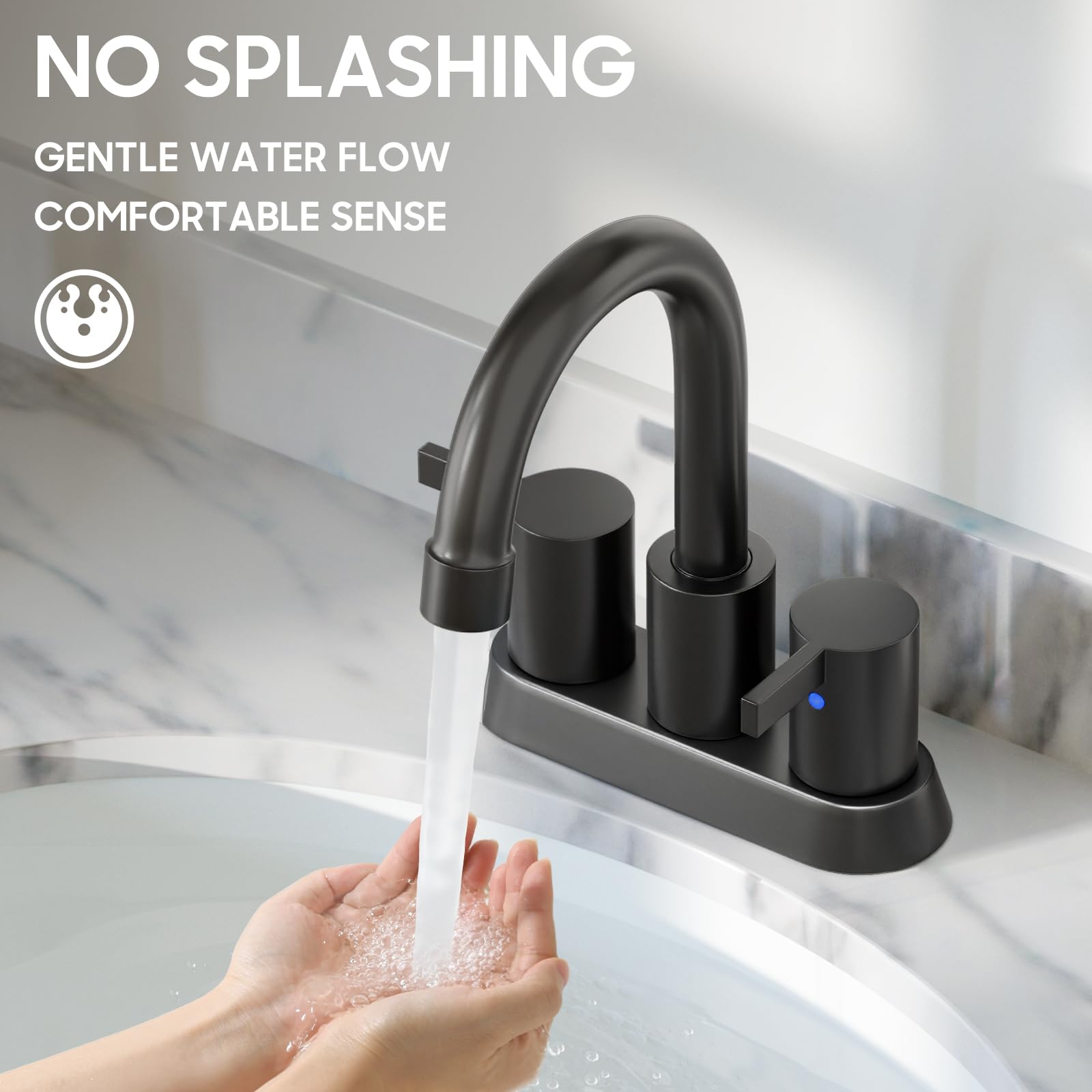 Phiestina 4 Inch 2 Handle Centerset Matte Black Lead-Free Modern Bathroom Faucet, 360 Swivel Spout 2-3 Hole RV Bathroom Vanity Sink Faucet with Pop Up Drain and Water Supply Lines,BF015-1-MB