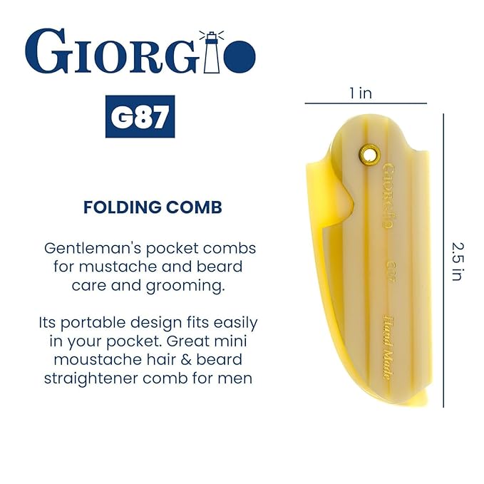 Giorgio G87IVY 2.5 Inch Men's Folding Pocket Comb Ivory - For Hair, Beard Grooming and Styling - Flexible Cellulose, Saw-cut & Hand Polished + 6 Inch Beard Brush