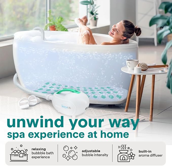 SereneLife Bubble Bath Mat - Portable Spa Bubble Bath Massager with Waterproof Bath Light & Pillow, Adjustable Bubble Intensity, Easy Button Control, Remote Control