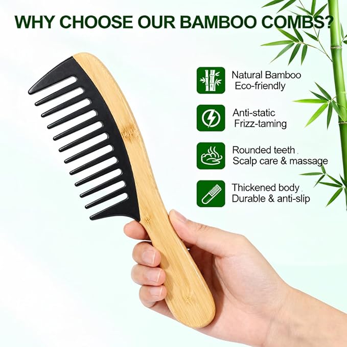 Natural Handmade Bamboo Hair Combs for Women Men, Anti-Static for All Hairstyles & Beard(8.6 in)