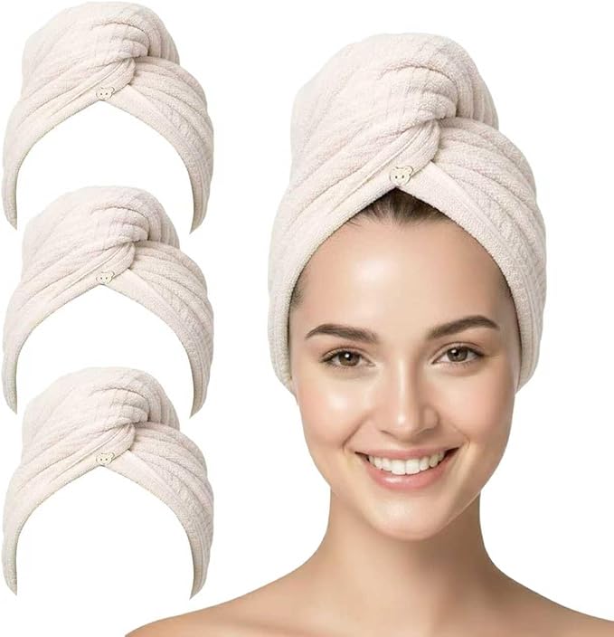 3 Pack Microfiber Hair Towel Wrap for Women, Fast Drying Hair Turban with Button, Anti-Frizz Large Hair Towel for All Hair Styles, Soft & Absorbent Hair Drying Towel