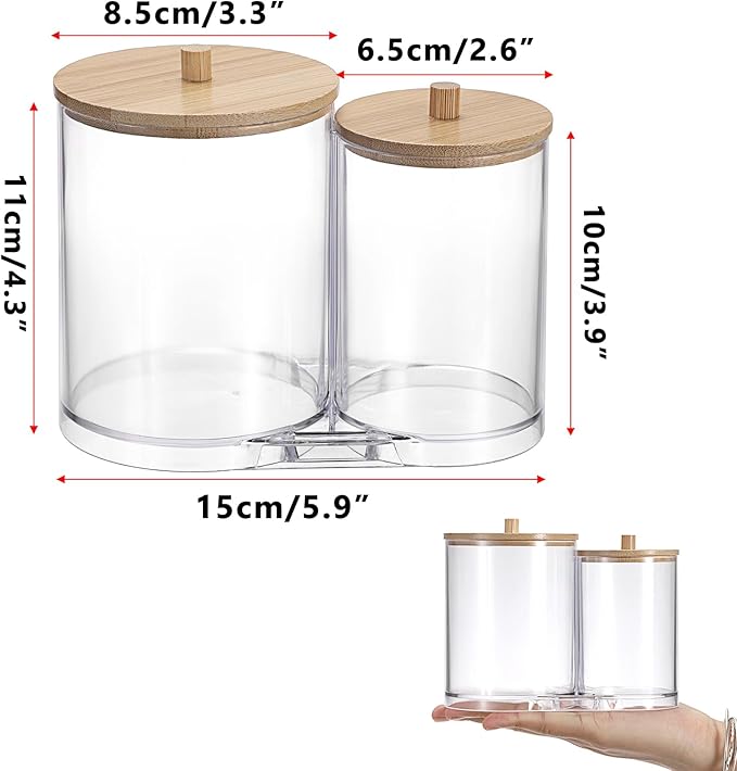 Hipiwe Acrylic Cotton Swab Holder Clear Qtip Dispenser with lid 2 Compartment Bathroom Accessories Storage Canister for Cotton Ball Vanity Makeup Organizer