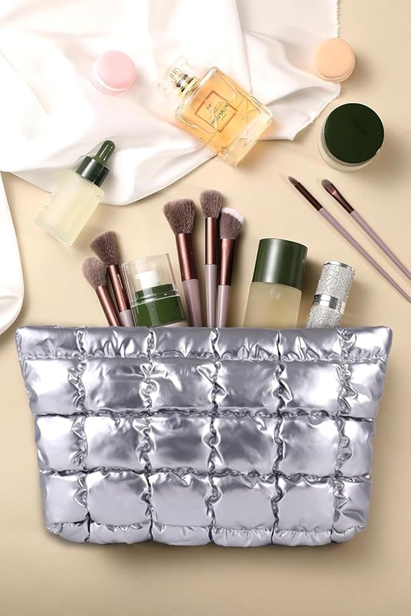 HFLZBRO Puffy Quilted Makeup Bag, Cosmetic Bag, Travel Toiletry Organizer Pouch, Clutch for Women (Silver)