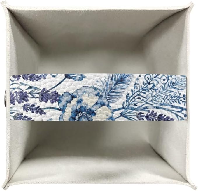 Blue Flowers Tissue Box Holder Square PU Leather Tissue Organizer Case with Metal Button Waterproof Napkin Holder for Home Office Car Automotive Decor