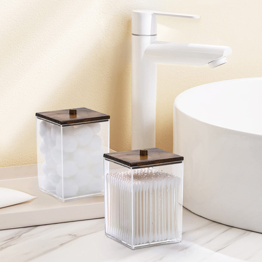 Tbestmax 3 Pack Qtip Holder - 12 oz Bathroom Organizer and Storage Containers, Plastic Square Apothecary Jars with Black Bamboo Lids for Cotton Ball, Cotton Swab, Floss