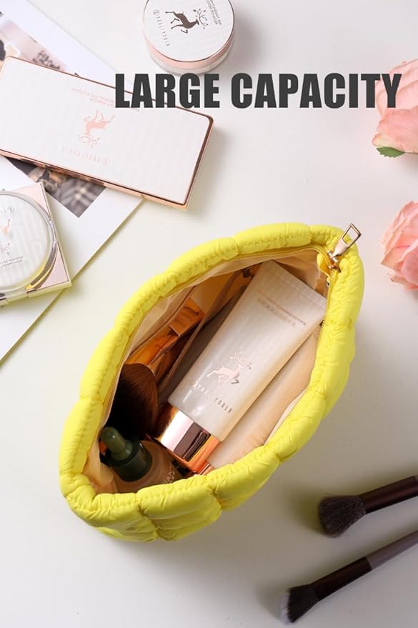 HFLZBRO Puffy Quilted Makeup Bag, Cosmetic Bag, Travel Toiletry Organizer Pouch, Clutch for Women (Yellow)