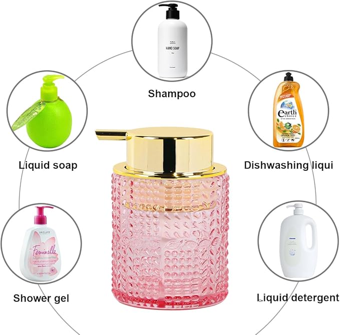 Fvstar 2pcs Glass Foaming Soap Dispenser, Pink Bathroom Foam Hand Soap Dispenser with Gold Pump, Refillable 10 Oz Lotion Shampoo Pump Dish Bottle Container for Bathroom Kitchen Decor
