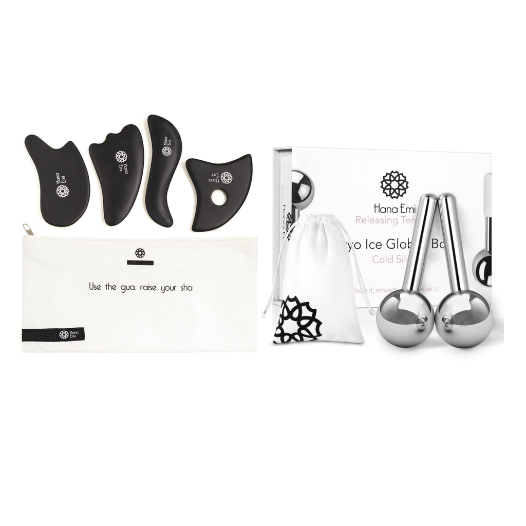 Hana Emi Facial Rejuvenation Set: Silver Ice Globes and Gua Sha Tool for Face and Body - 2-Piece Cryo Globes for Cooling Facial Massage and 4-Piece Bian Stone Gua Sha Tool for Skincare Routines