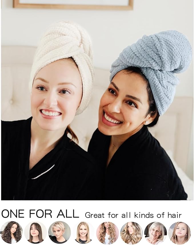 Microfiber Hair Towel Wrap Turban 2 Pack Large | Super Absorbent Quick Dry & Anti-Frizz for Women with Curly Hair | 27.5" x 39.4" Hair Towel Cap