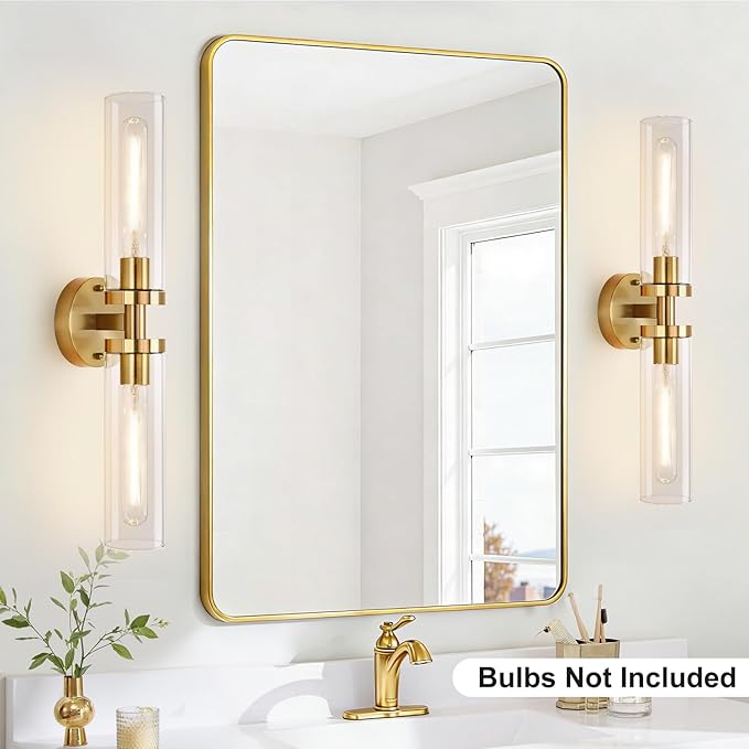 Brushed Gold Wall Sconces, Hardwired Bathroom Sconces Wall Lighting with Clear Glass, Modern Sconces Wall Light fixtures for Bathroom Mirror Living Room Hallway Bedroom