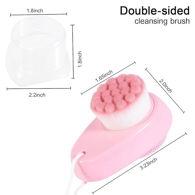Facial Cleansing Brush 2 in 1 for Face Exfoliation, 2 Pack Soft Microfiber Bristle Brush for Pore Deep Cleansing, Dual Face Silicone Scrubber Brush for Skincare with Lid, Pink