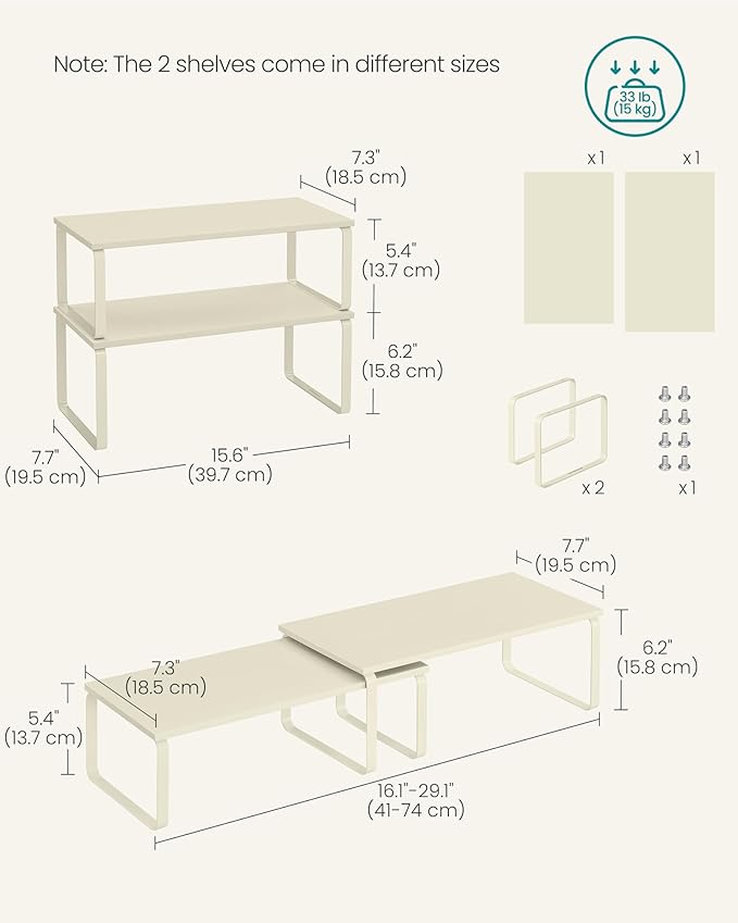 SONGMICS Cabinet Organizer Shelf, Set of 2 Kitchen Counter Shelves, Kitchen Storage, Spice Rack, Stackable, Expandable, Metal and Engineered Wood, 15.6 Inches, Cream White UKCS200W02
