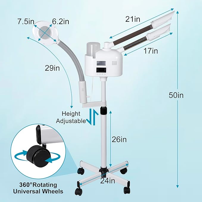 BBBuy Professional 3 in 1 Facial Steamer Deep Cleaning Ozone Facial Steamer with 5X Magnifying Light & Rolling Wheels Hot/Cold Mist Function for Salon Spa Home Beauty Equipment, White