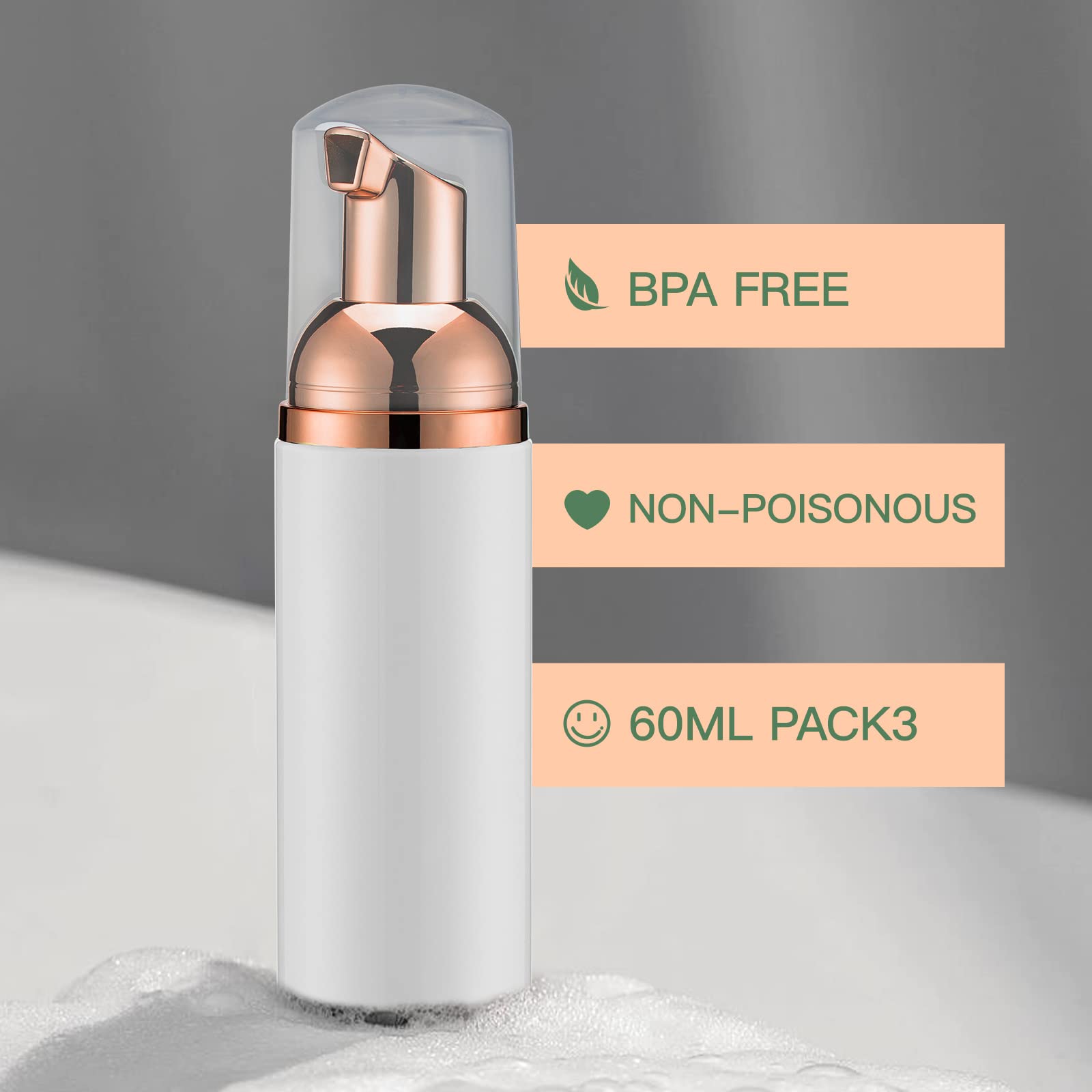 Owlyee Travel Foam Pump Bottle - 2oz Small Size Foaming Hand Soap Dispenser - Mini Portable Mousse Lash Shampoo Kit Container for Hair - Empty Leak Proof Rose Gold &Black,White,Pink Foamer 3Pack
