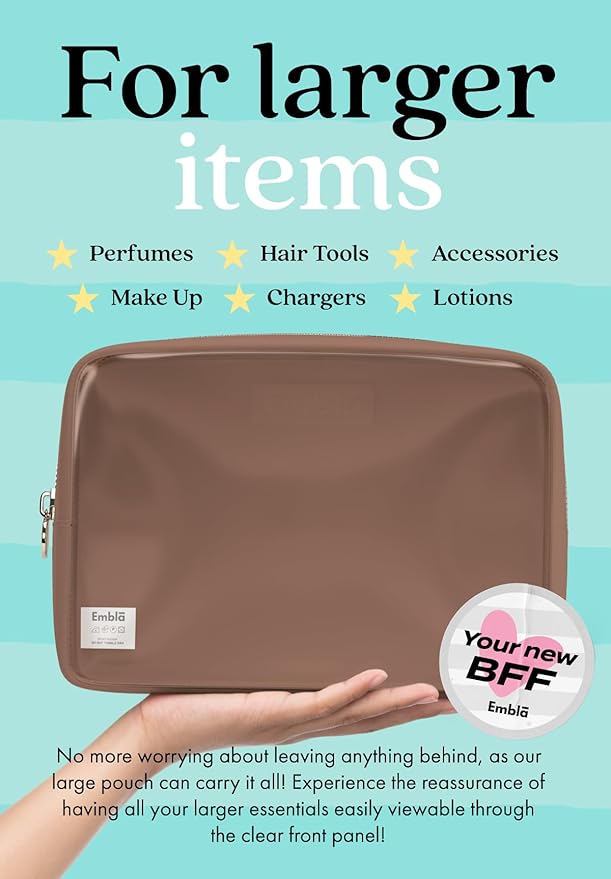 Embla Clear Large Makeup Bag Cute Big Make Up Nylon Pouches Travel Bathroom Bags for Toiletries XL Cosmetic Pouch for Women Girls Extra Large Zipper Toiletry Skincare Organizer Brown