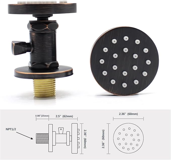 Solid Brass Shower Body Spray Jets with On Off Switch Oil Rubbed Bronze Round Shower Body Sprayer Massage Spa Wall Side Jet, Flow Can Be Controlled, Showerhead Can Swivel, 6 Pcs