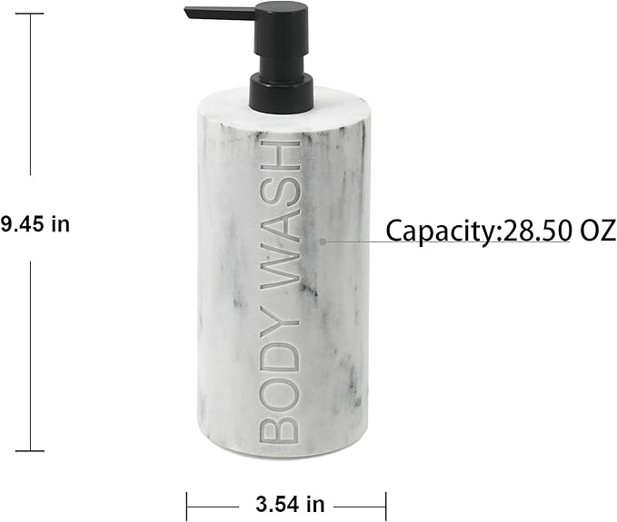 Indecor Home Resin White Marbled Body Wash Engraved Bottle Refillable Pump Dispenser, Durable Waterproof Construction for Bath, Shower - Resin White Marble - Matte Black Pump