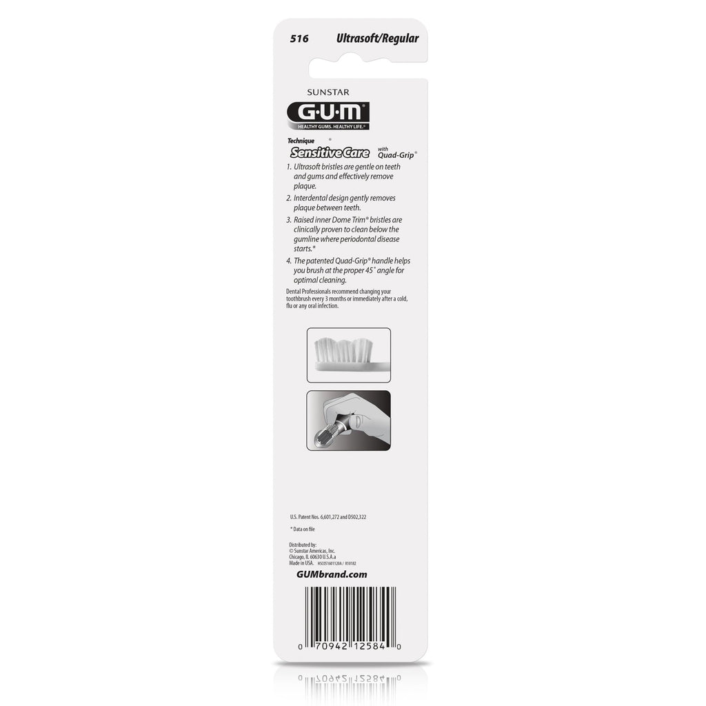 GUM Technique Sensitive Care Toothbrush with Quad-Grip Handle, Full Head & Ultra Soft Dome Trim Bristles for Plaque Removal that’s Gentle on Gums, 2 Count