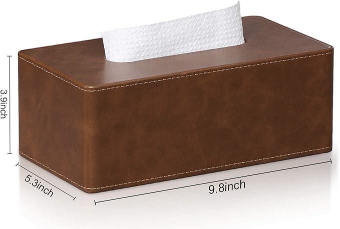 GOLRANLYE Tissue Box Cover Rectangular 9.8"(L) x 5.3"(W) x 4.3"(H) Refined Modern PU Leather Facial Tissue Dispenser Box Holder for Dresser Bathroom Decorative (Brown)