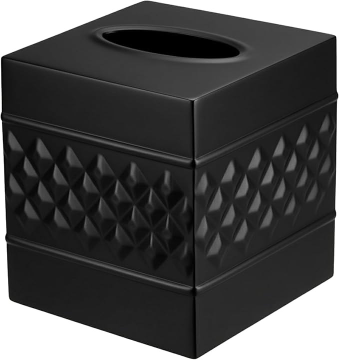 Monarch Abode Tissue Box Cover Square – Handcrafted Geo Embossed Black Metal Tissue Holder Box for Bathroom Accessory, Aesthetic Decorative Facial Napkin Cube for Modern Home Décor