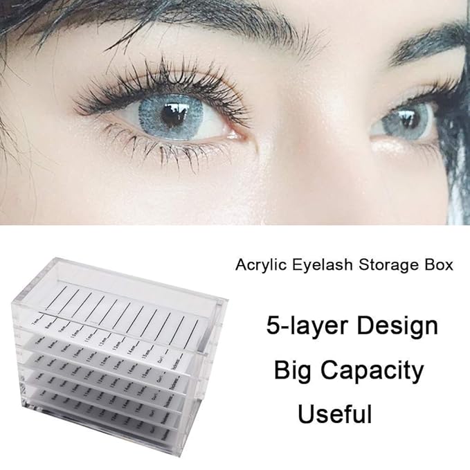 WOHEN 5 Layers Acrylic Clear False Eyelash Organizer Case, Cosmetic Makeup Storage Box for Grafting Lash Extension (Eyelash Box)
