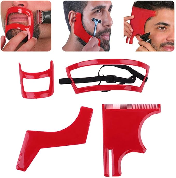 Beard Shaping Tool Kit Neckline Shaving Template Guide Set for Men Hair Styling Red, hair styling tools kit, STANDARD