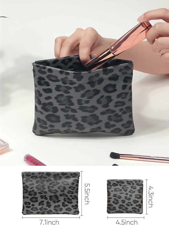 Ksriylm 2 Leopard Leather Small Makeup Pouches Set for Women,Cosmetic Accessories,Waterproof and Portable Cosmetic Bags,Self-closing,No Zipper, Aesthetic Storage Pouch,Lipstick for Purse, Black